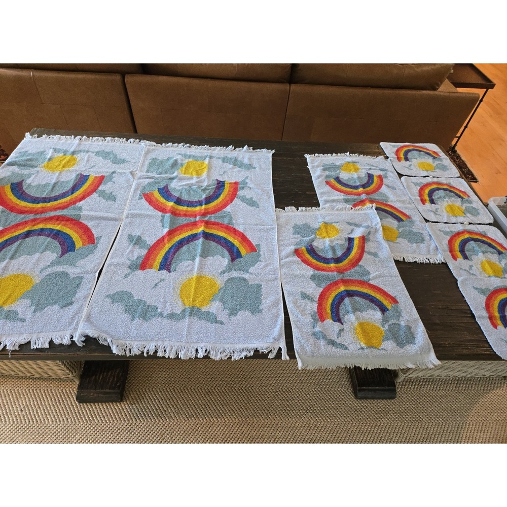 Vintage Cannon Blue Rainbow Fringed Towel Set Made in USA Retro Bath Hand Wash